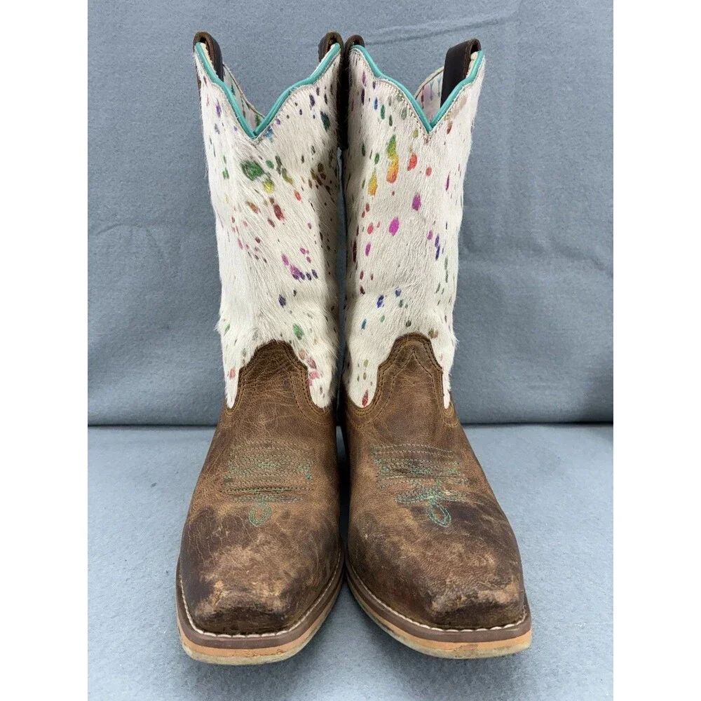 Dan Post Youth 5D Cowboy Boots Cowhide Hair On Hide Splatter Western Brown